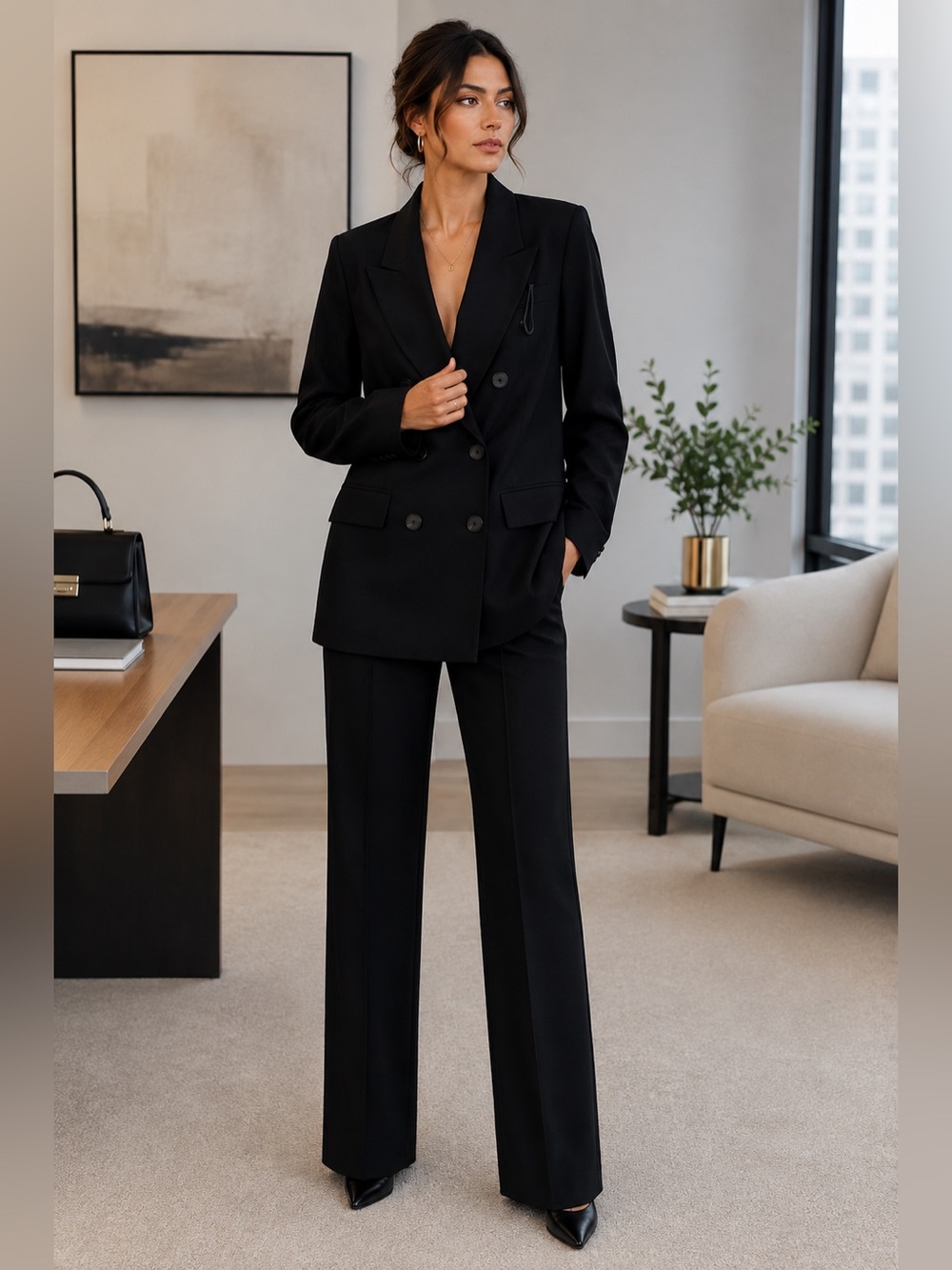 Worthington 90s Power Suit Sz 6 Navy Double Breasted Blazer Pleated Pants